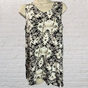 Cynthia Rowley 100% Linen Tank Top Sleeveless Blouse Black White Abstract Medium